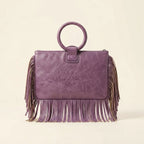 Back panel of Purple fringe clutch bag leather with strap attachments