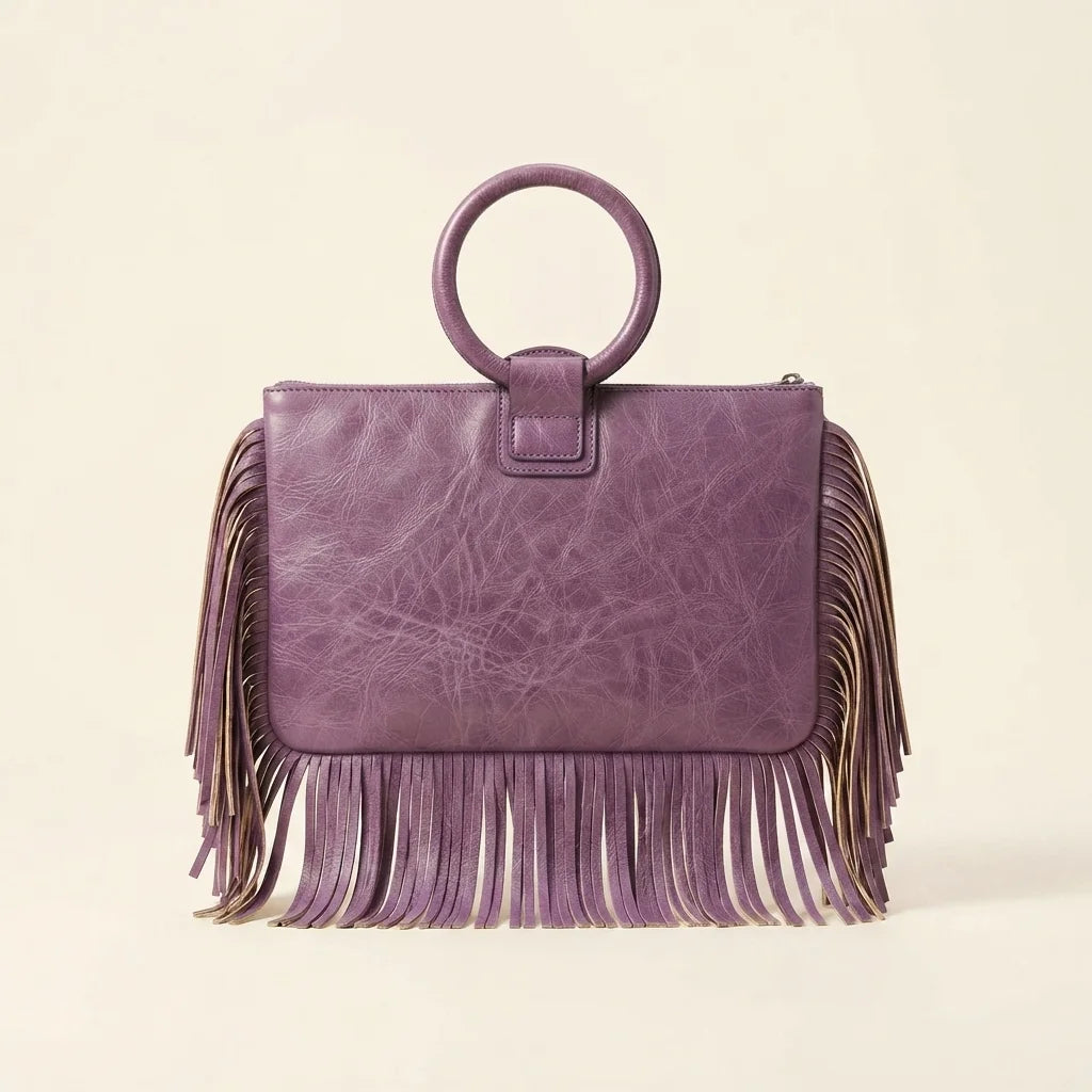 Back panel of Purple fringe clutch bag leather with strap attachments