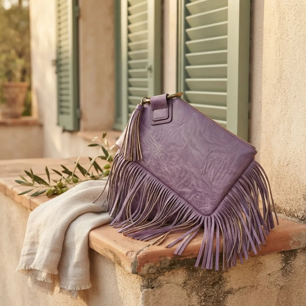 Purple fringe clutch bag leather styled in a warm Mediterranean setting