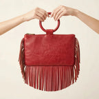 Red fringe clutch bag leather, front view