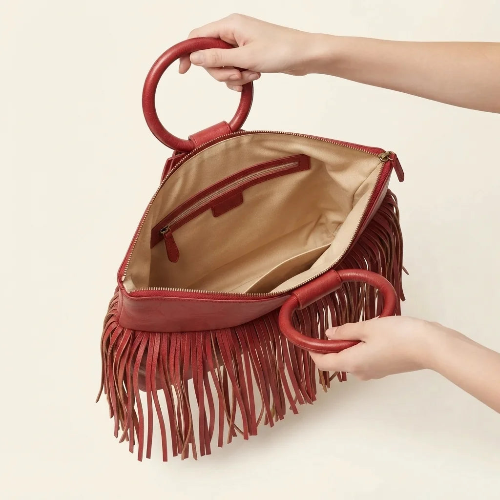 Interior lining and pockets of Red fringe clutch bag leather