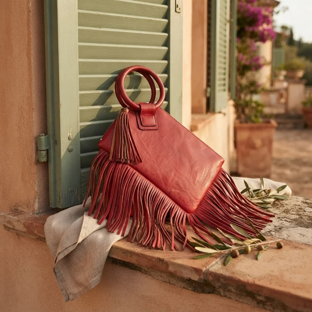 Red fringe clutch bag leather styled in a warm Mediterranean setting