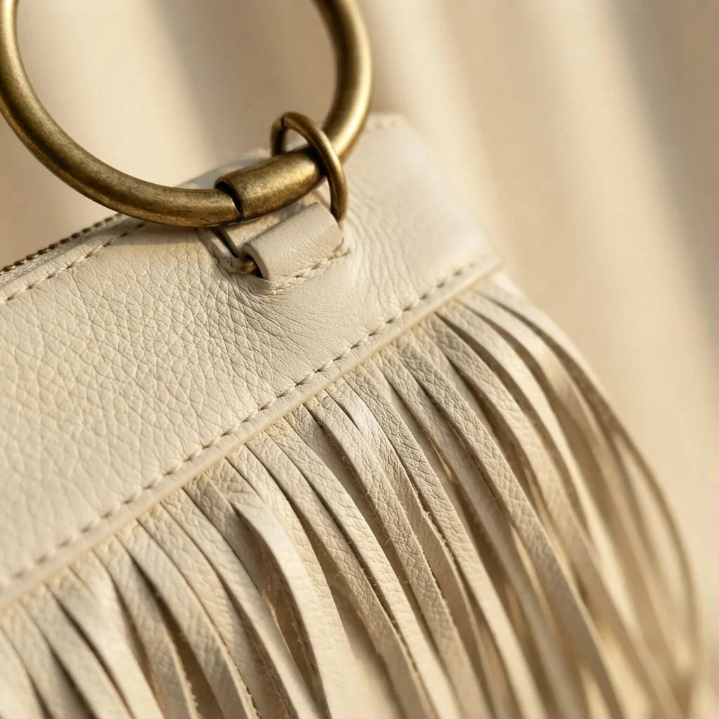 Close-up of fringe stitching and texture on White fringe clutch bag leather