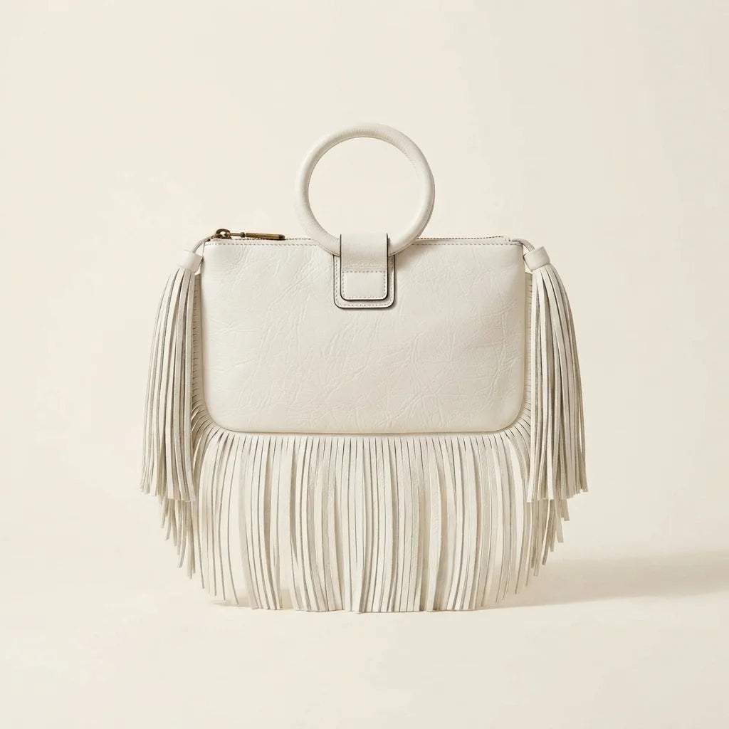 White fringe clutch bag leather, front view