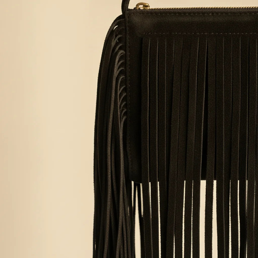 Close-up of fringe stitching and texture on Black fringe clutch crossbody bag