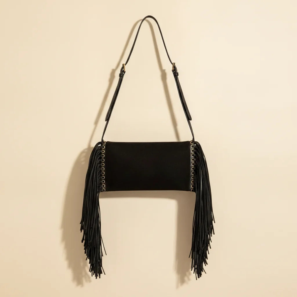 Black fringe clutch crossbody bag, front view