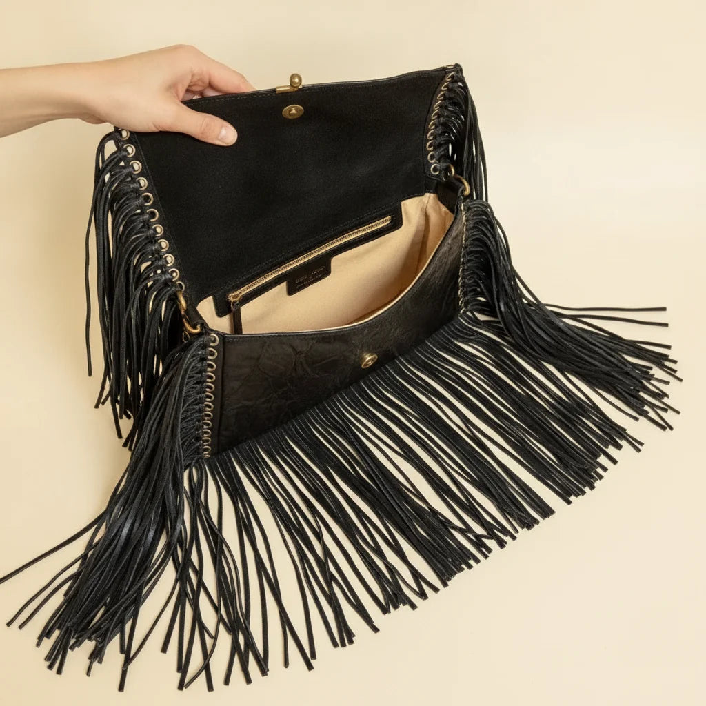 Interior lining and pockets of Black fringe clutch crossbody bag