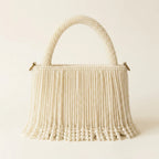 Back panel of Beige fringe evening bag with strap attachments
