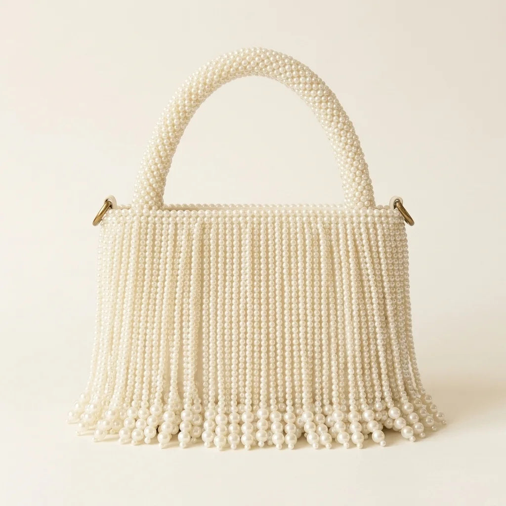 Back panel of Beige fringe evening bag with strap attachments