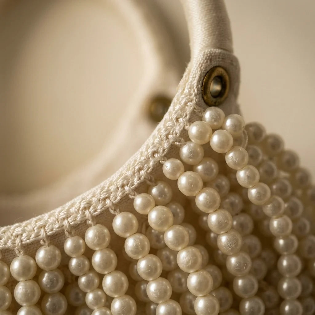 Close-up of fringe stitching and texture on Beige fringe evening bag