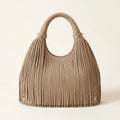 Beige fringe evening bag, front view
