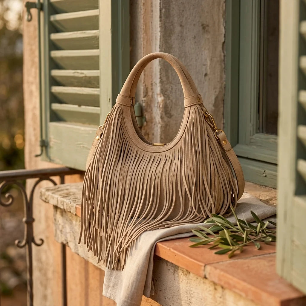 Beige fringe evening bag styled in a warm Mediterranean setting