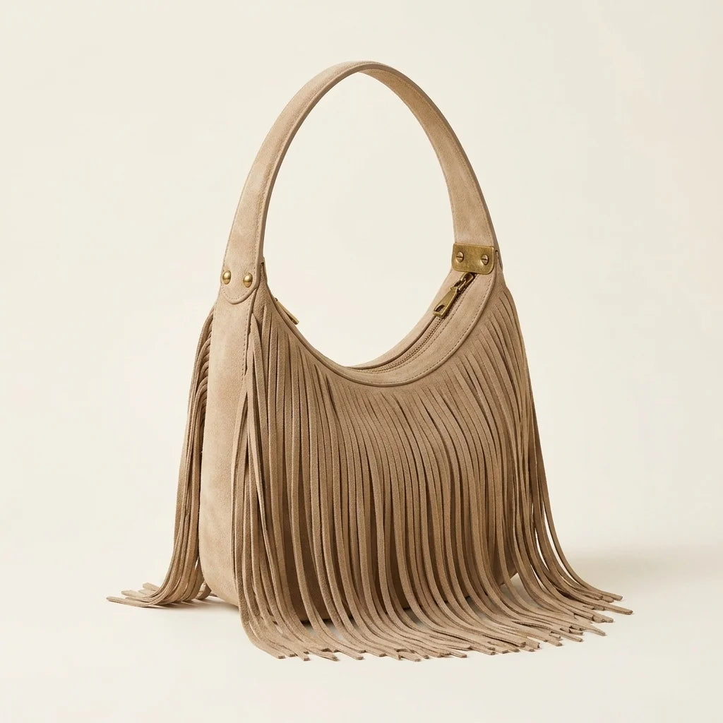 Beige fringe evening bag, three-quarter angle showing side depth