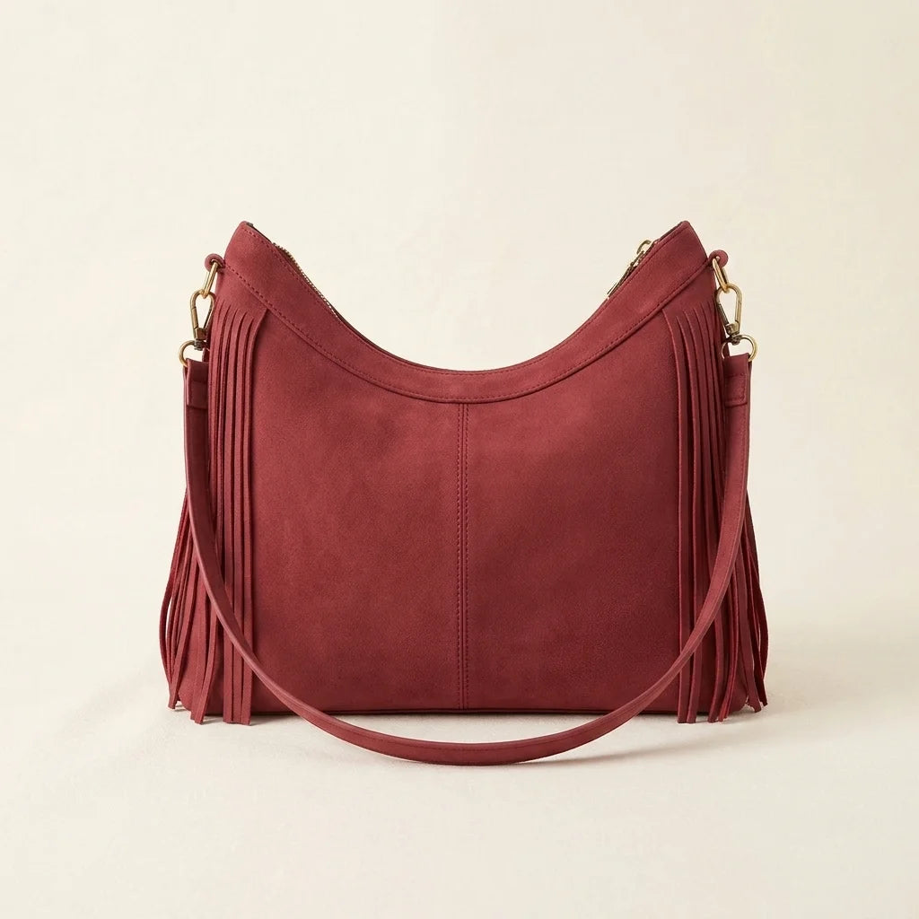 Back panel of Red fringe hobo bag red with strap attachments