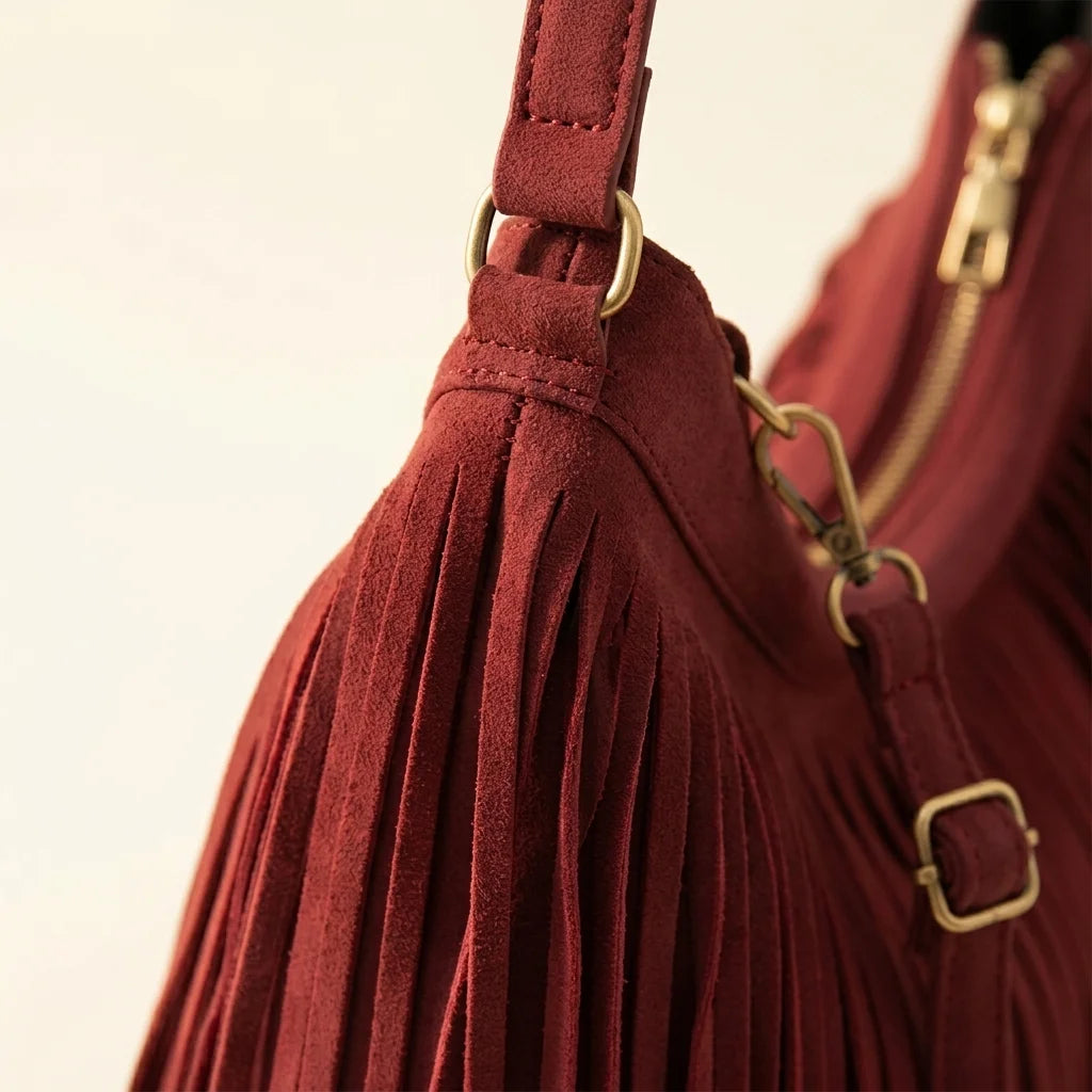 Close-up of fringe stitching and texture on Red fringe hobo bag red