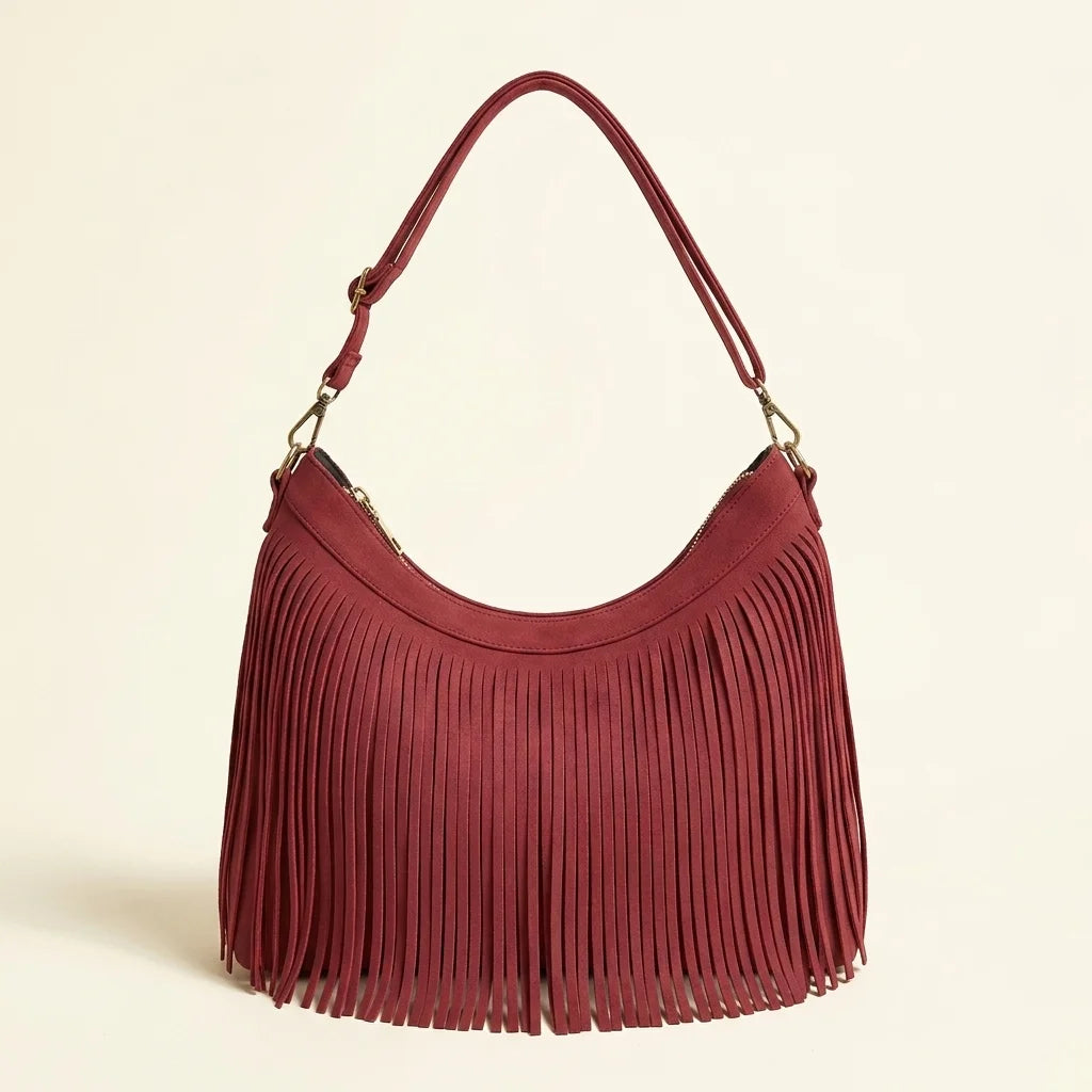 Red fringe hobo bag red, front view