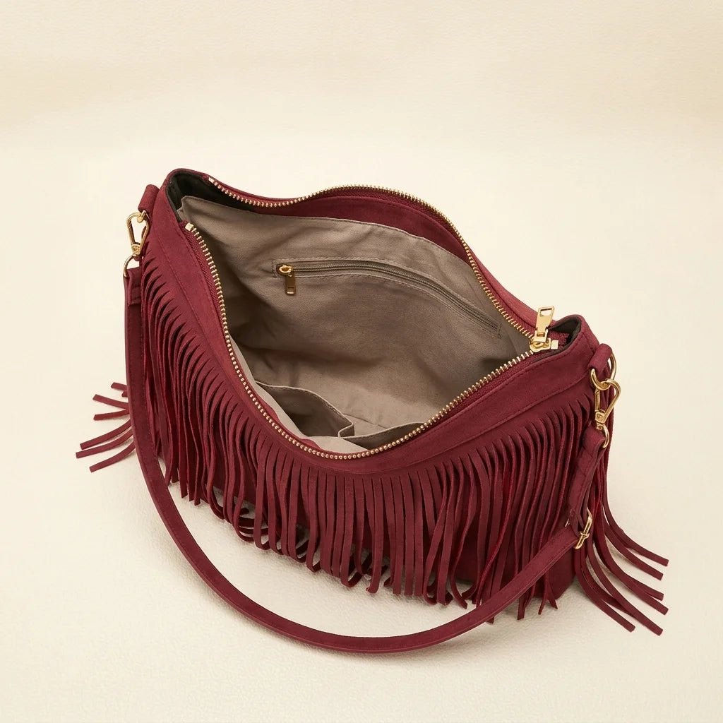 Interior lining and pockets of Red fringe hobo bag red