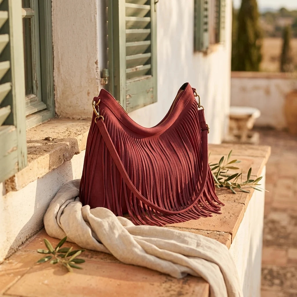 Red fringe hobo bag red styled in a warm Mediterranean setting