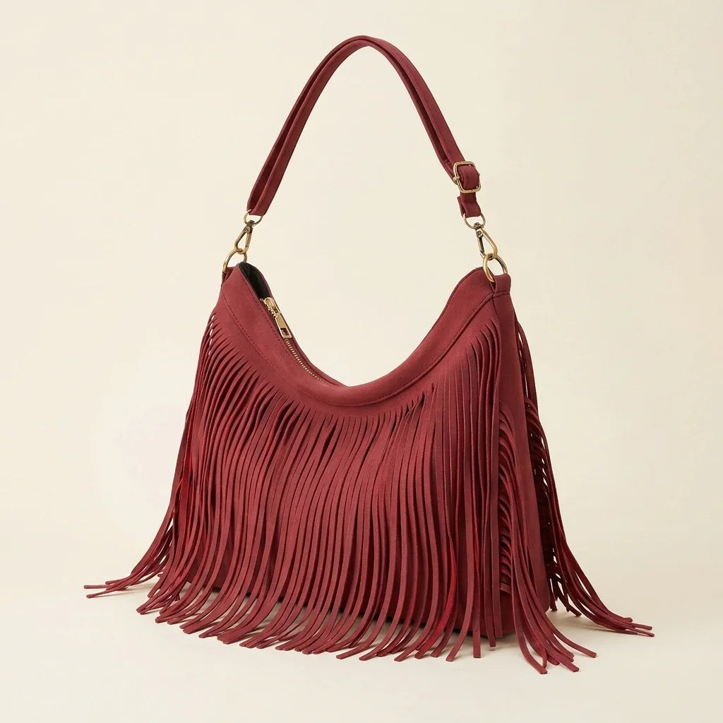 Red fringe hobo bag red, three-quarter angle showing side depth