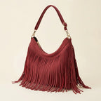 Red fringe hobo bag red, three-quarter angle showing side depth