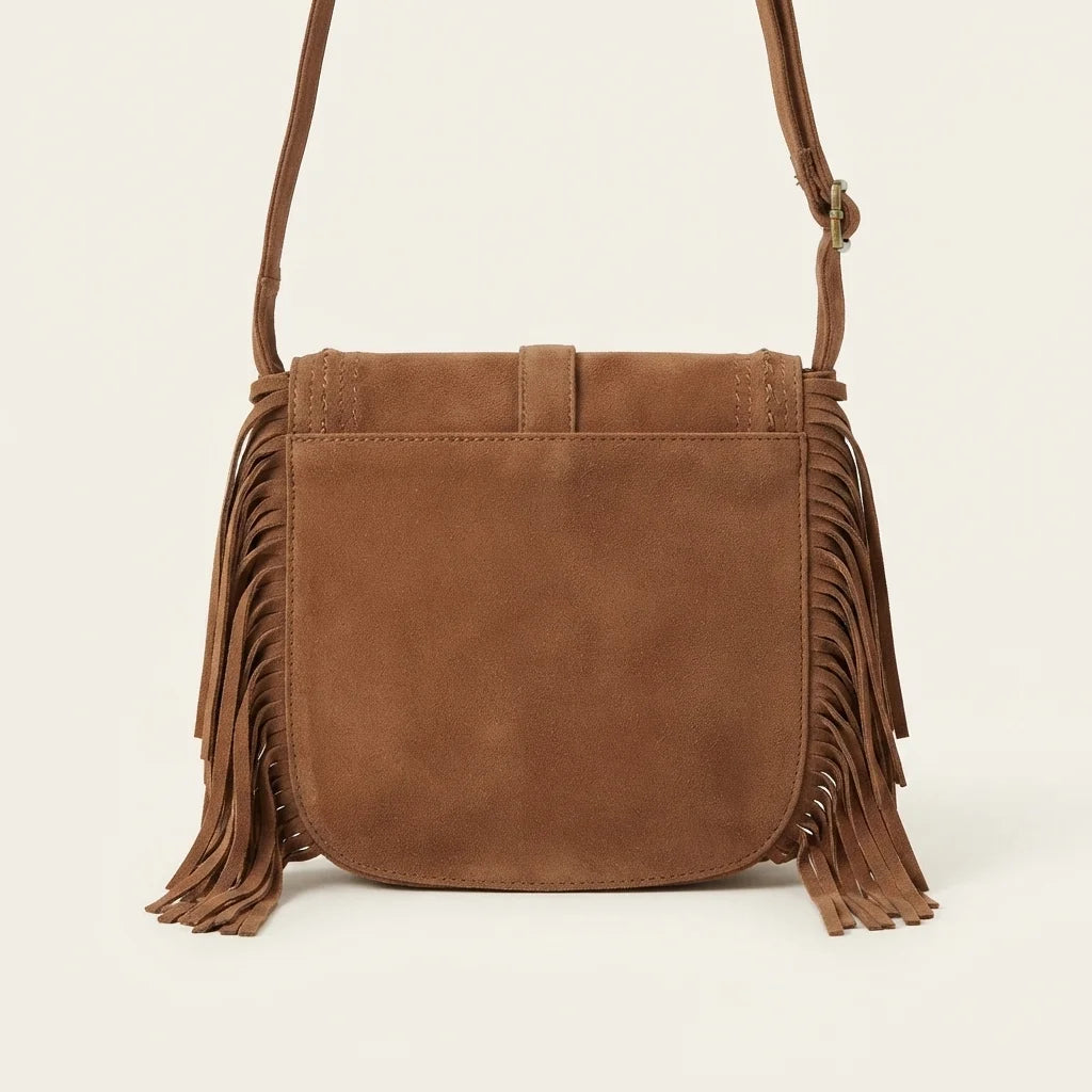 Back panel of Brown fringe hobo crossbody bag with strap attachments