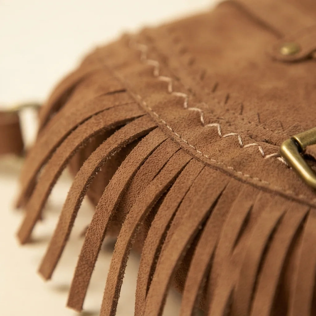 Close-up of fringe stitching and texture on Brown fringe hobo crossbody bag