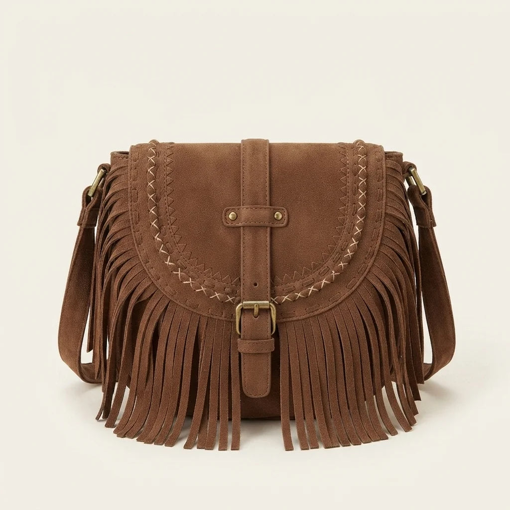Brown fringe hobo crossbody bag, front view