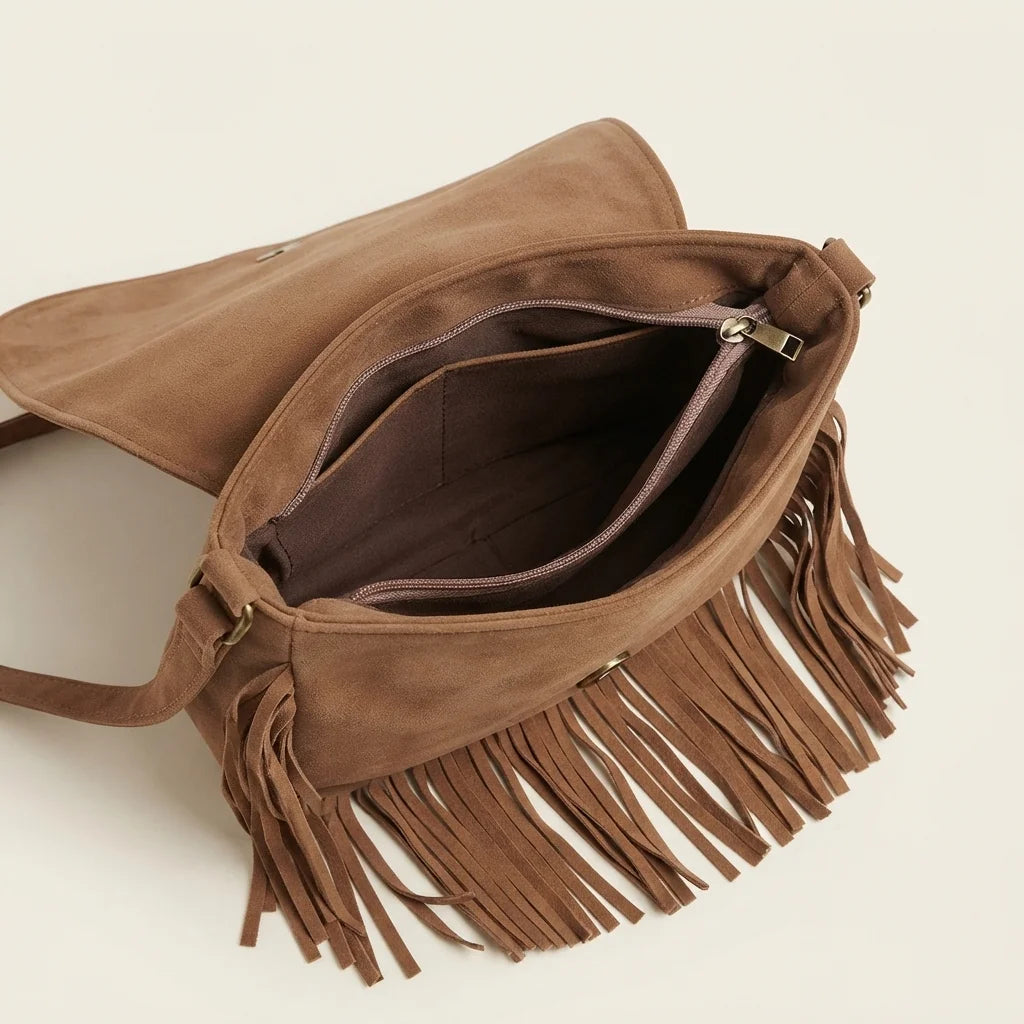 Interior lining and pockets of Brown fringe hobo crossbody bag
