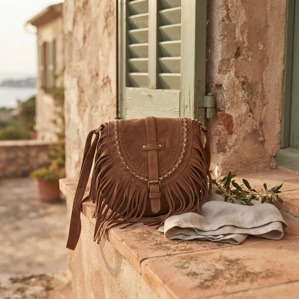 Brown fringe hobo crossbody bag styled in a warm Mediterranean setting