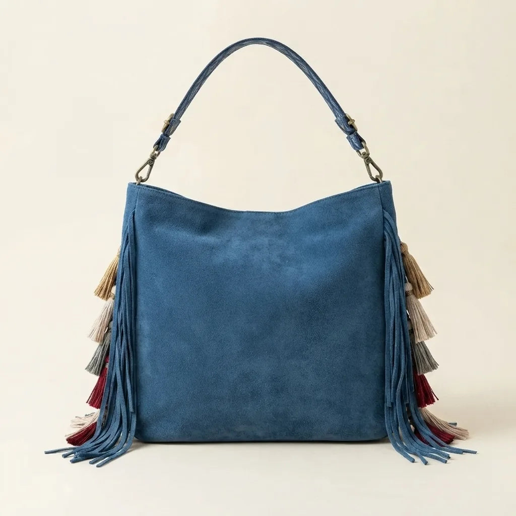 Back panel of Blue fringe hobo shoulder bags with strap attachments
