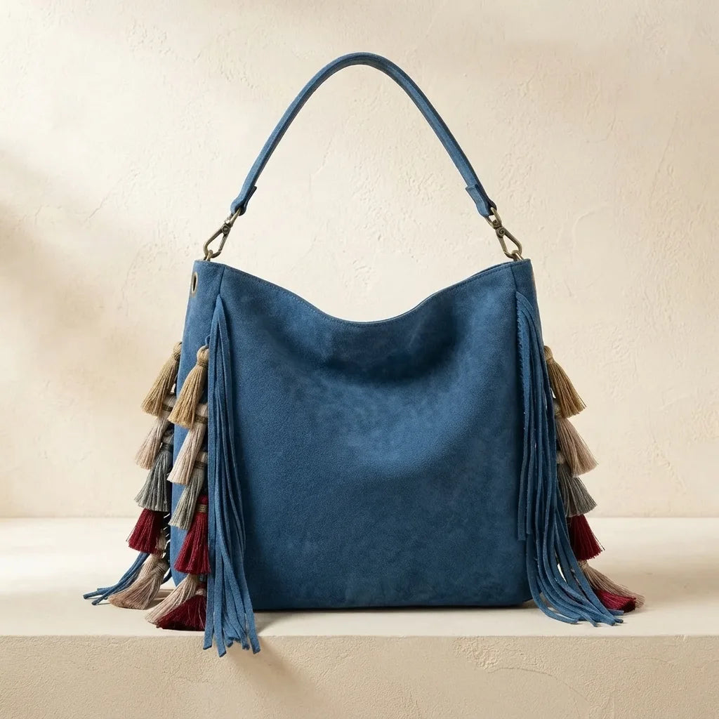 Blue fringe hobo shoulder bags, front view