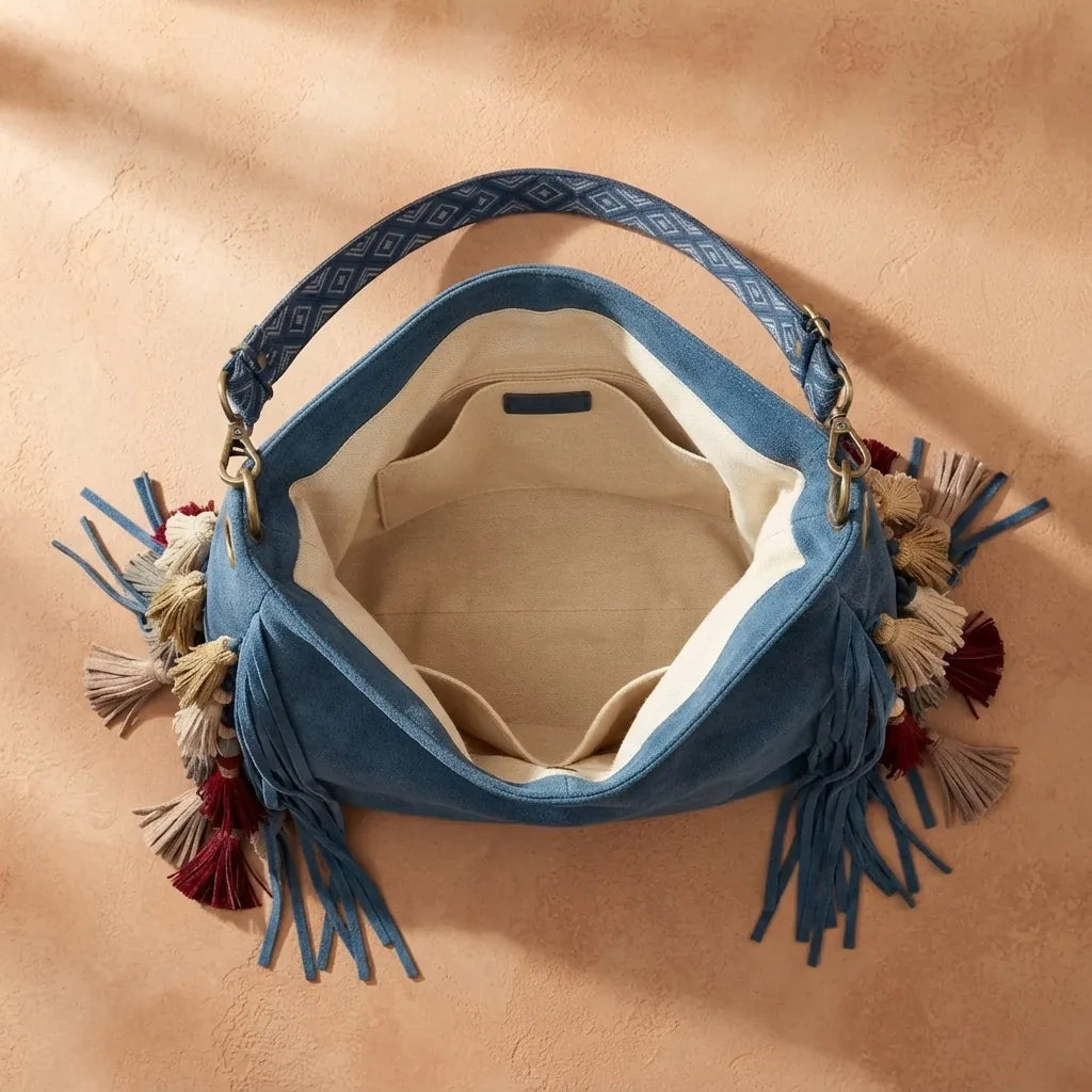 Interior lining and pockets of Blue fringe hobo shoulder bags