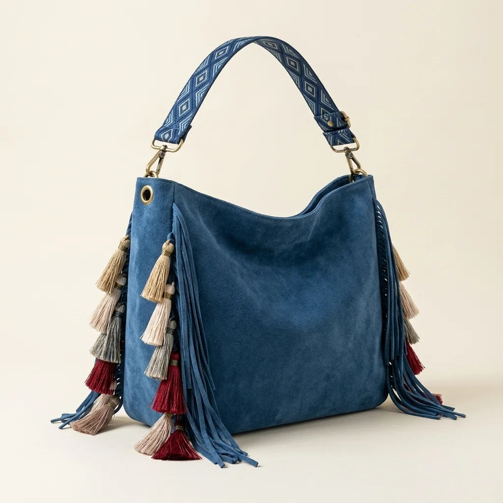 Blue fringe hobo shoulder bags, three-quarter angle showing side depth