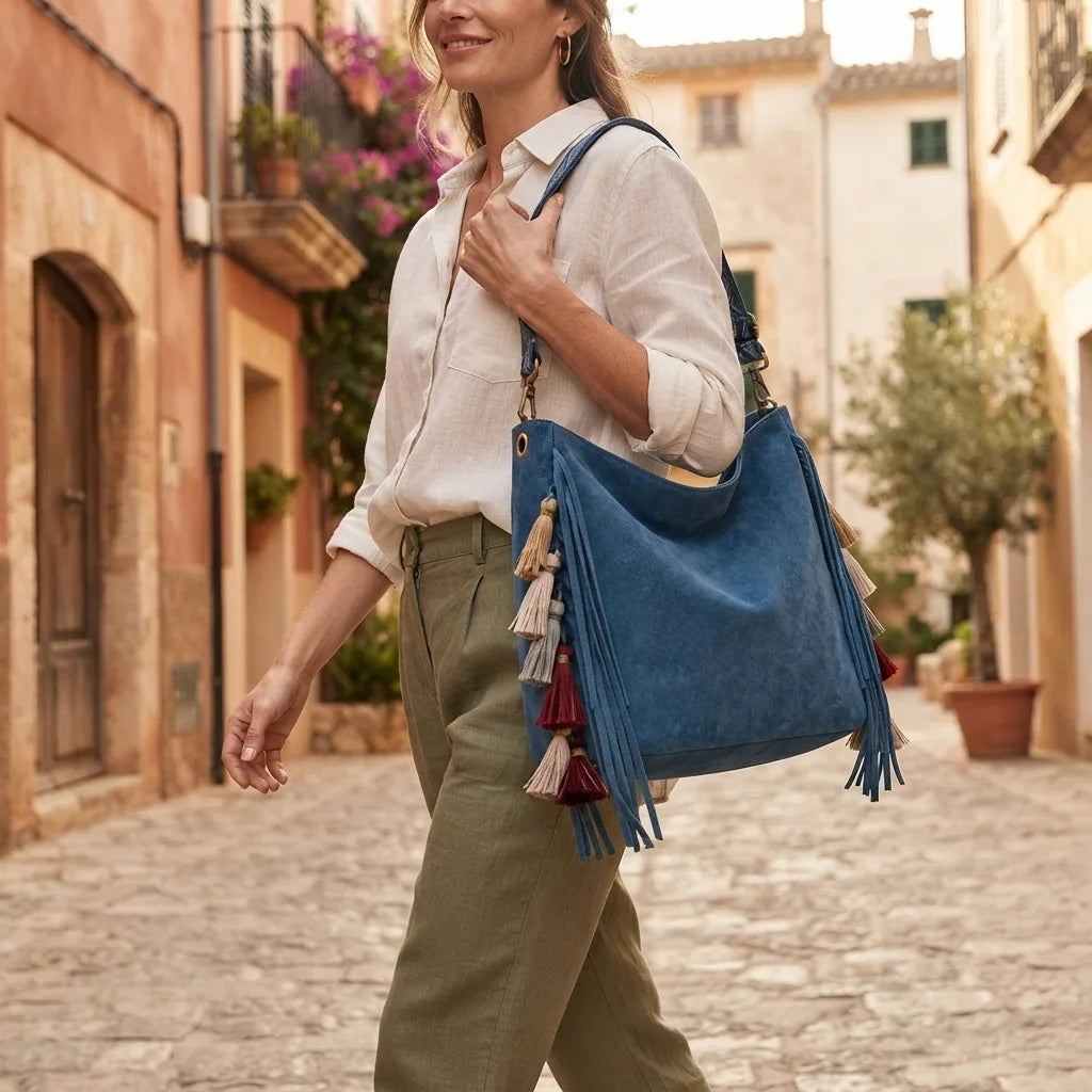 Woman wearing Blue fringe hobo shoulder bags with swaying fringe