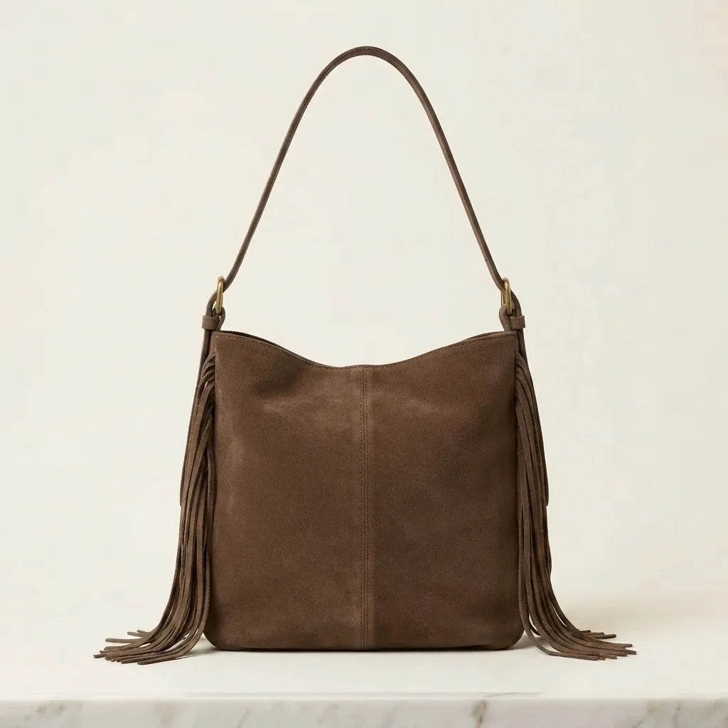 Back panel of Brown fringe hobo shoulder bags with strap attachments