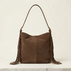 Back panel of Brown fringe hobo shoulder bags with strap attachments