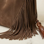 Close-up of fringe stitching and texture on Brown fringe hobo shoulder bags