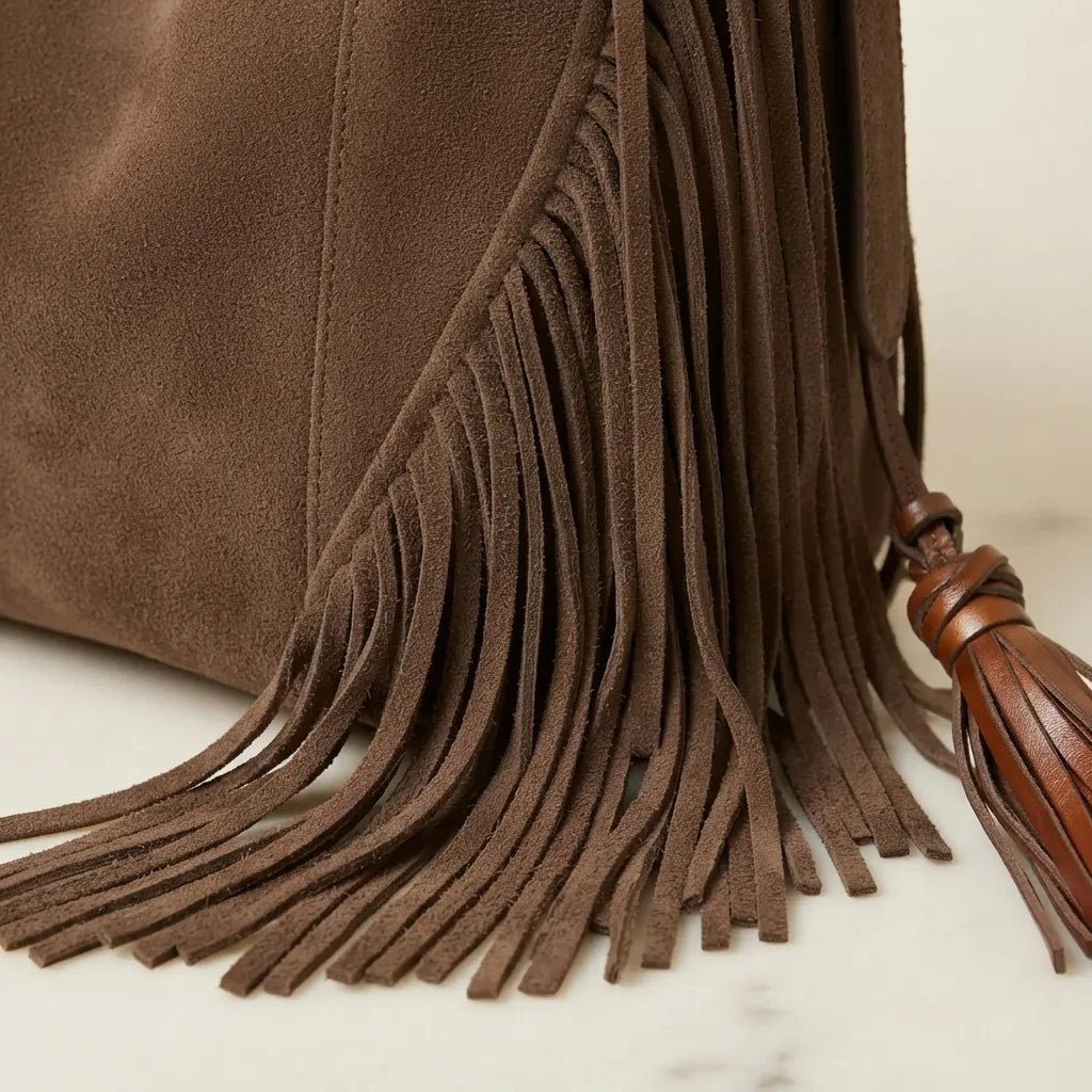Close-up of fringe stitching and texture on Brown fringe hobo shoulder bags
