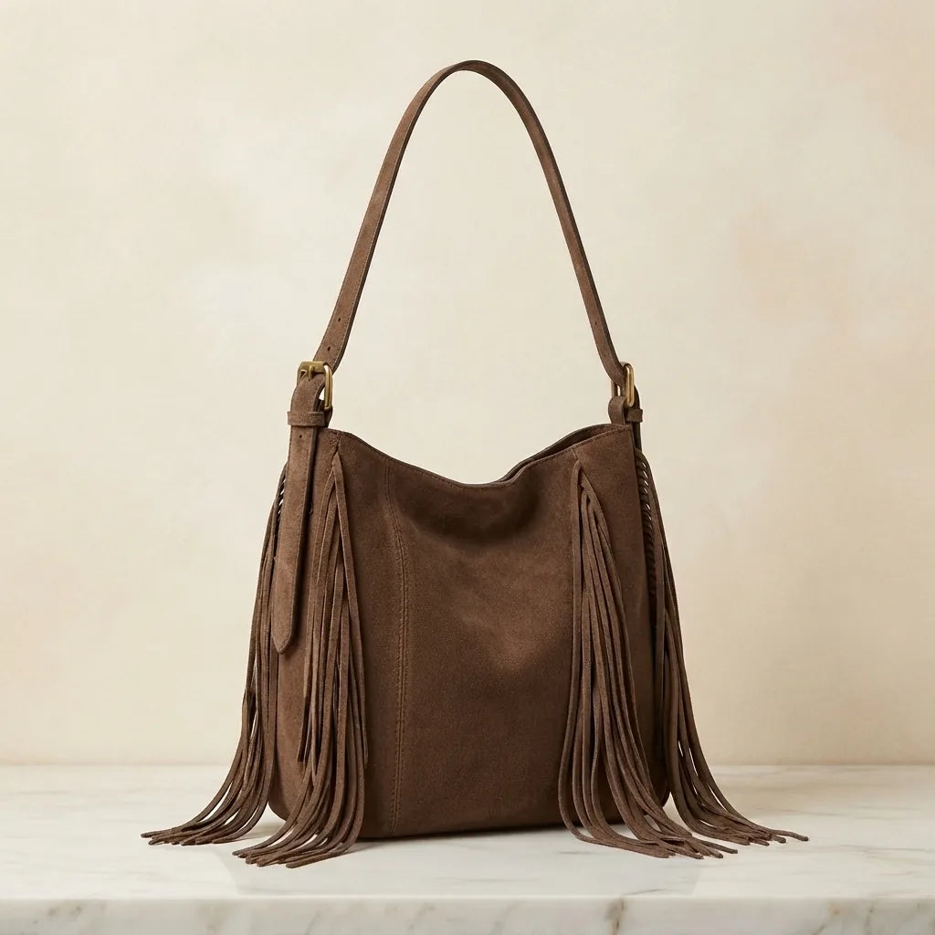 Brown fringe hobo shoulder bags, front view