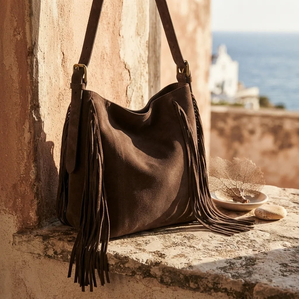 Brown fringe hobo shoulder bags styled in a warm Mediterranean setting