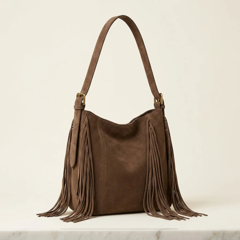 Brown fringe hobo shoulder bags, three-quarter angle showing side depth