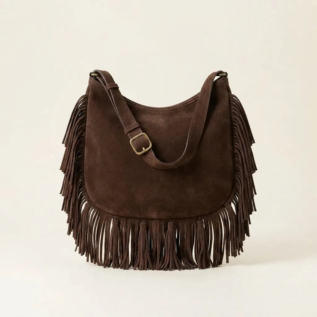 Back panel of Coffee fringe hobo shoulder bags with strap attachments