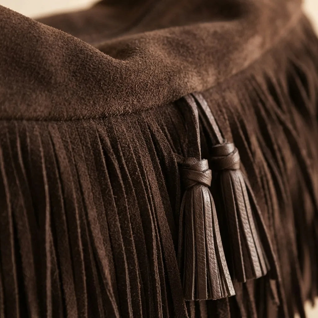 Close-up of fringe stitching and texture on Coffee fringe hobo shoulder bags