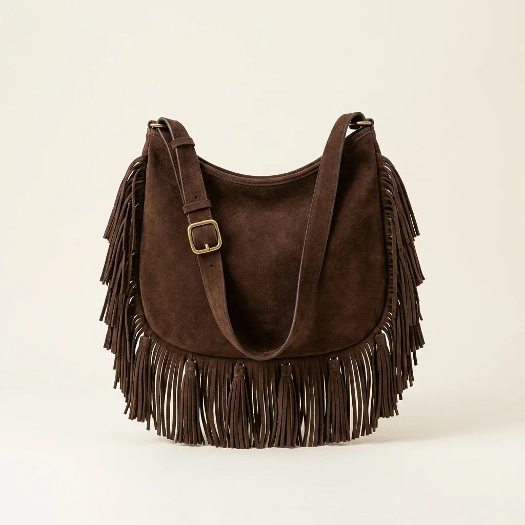 Coffee fringe hobo shoulder bags, front view