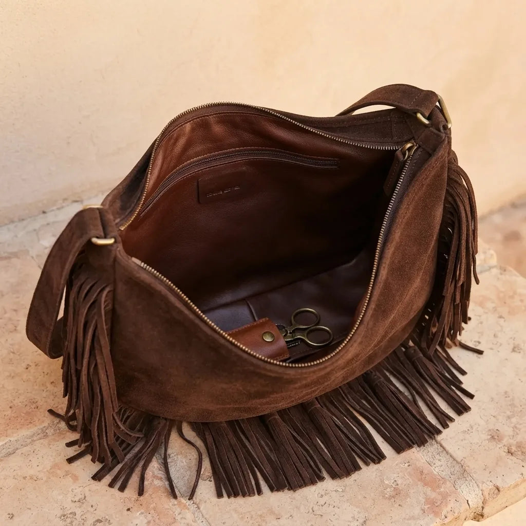 Interior lining and pockets of Coffee fringe hobo shoulder bags