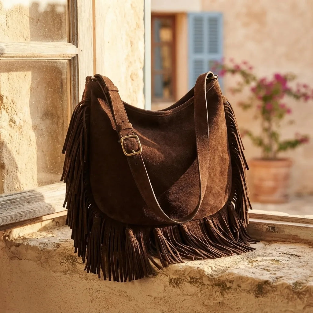 Coffee fringe hobo shoulder bags styled in a warm Mediterranean setting