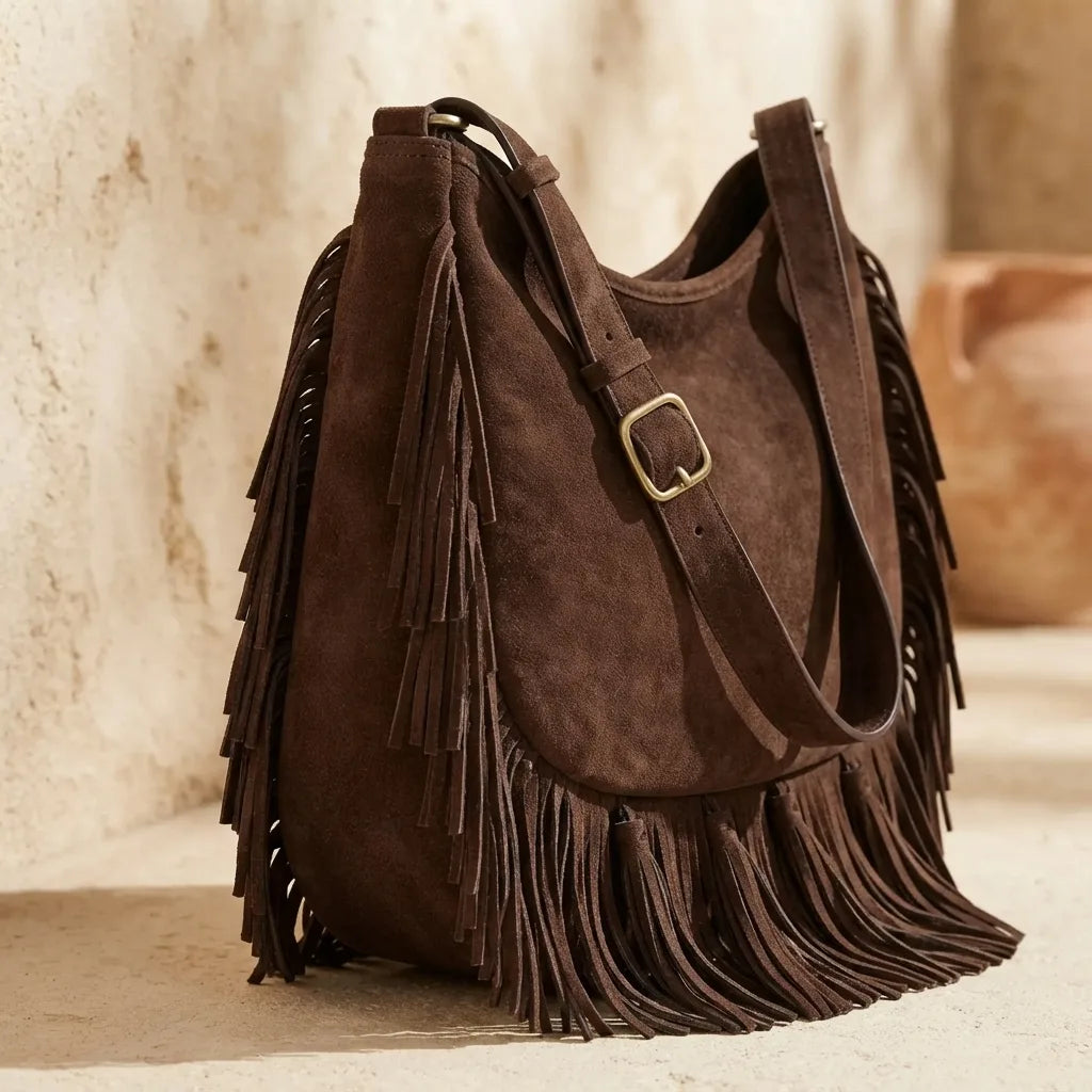 Coffee fringe hobo shoulder bags, three-quarter angle showing side depth