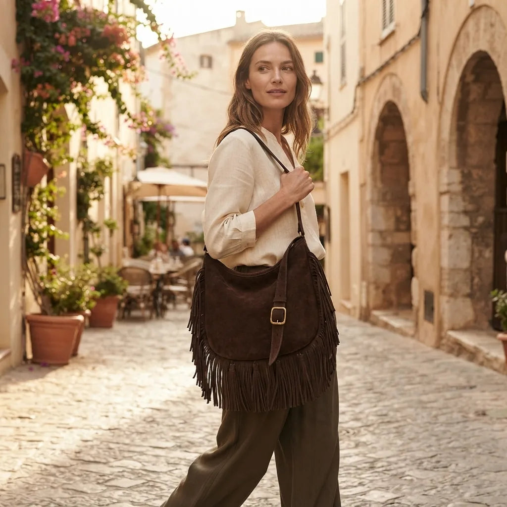 Woman wearing Coffee fringe hobo shoulder bags with swaying fringe
