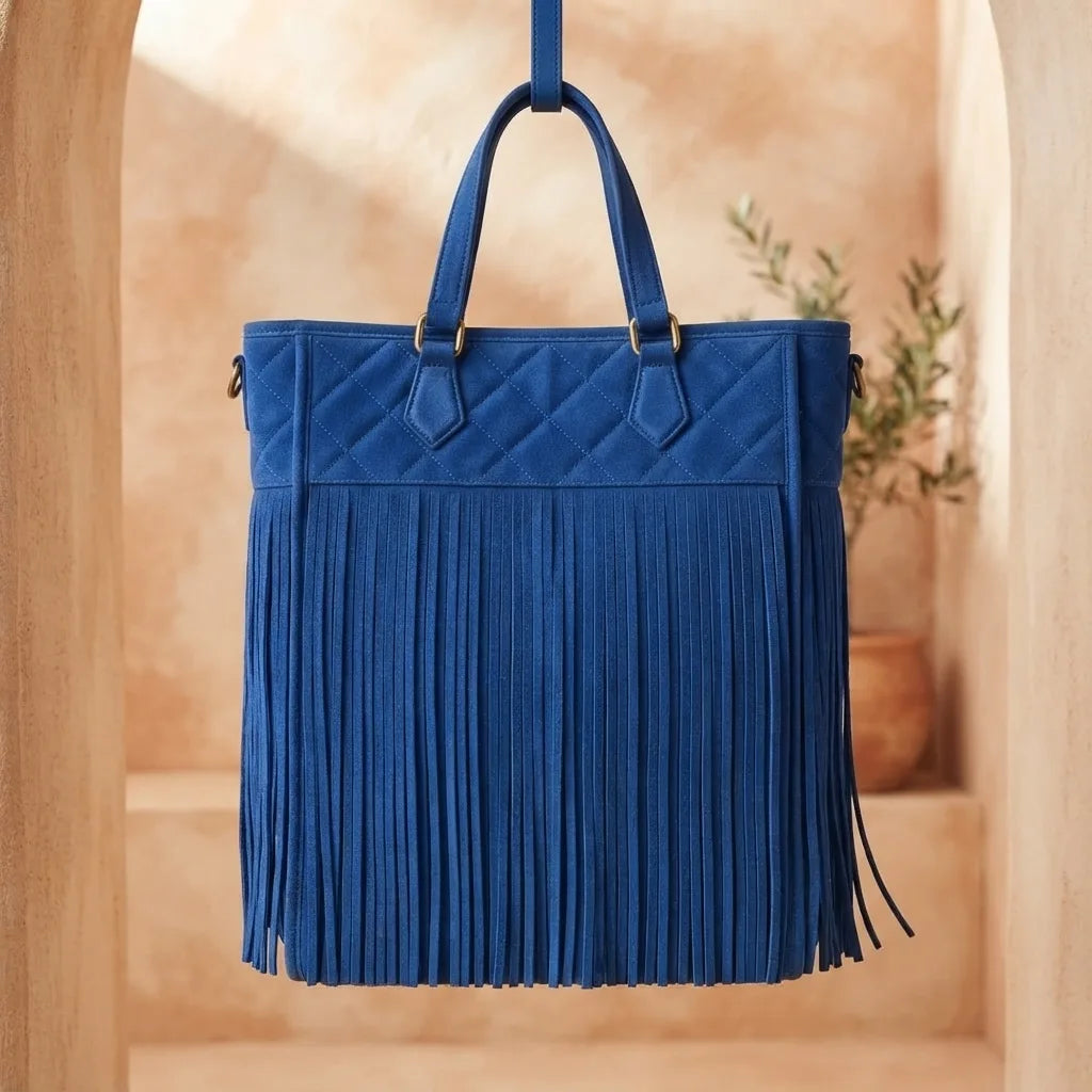 Back panel of Blue fringe large tote bag with strap attachments