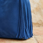 Close-up of fringe stitching and texture on Blue fringe large tote bag